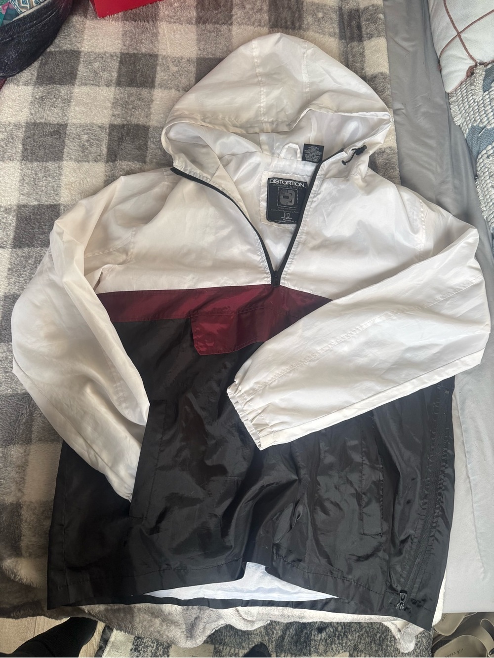 Men's White, Black & Burgundy Hooded Windbreaker Jacket